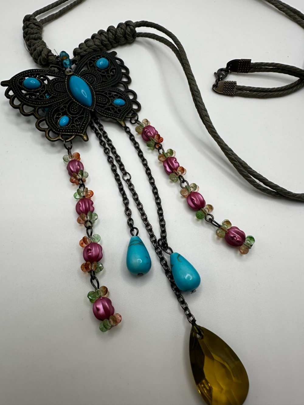 Boho Butterfly Pendant  Faux Turqouise And Floral Beads Nature Cord Necklace - Picture 4 of 4